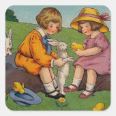 Retro Schattige Dieren Pasen Vierkante Sticker (Voorkant)
