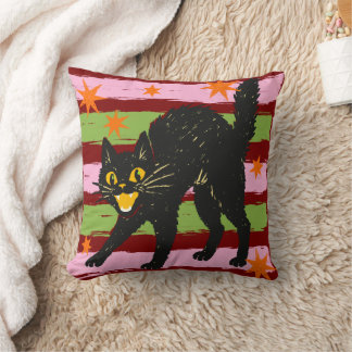 Retro Schattige Halloween Zwarte Kat met Strepen S Kussen