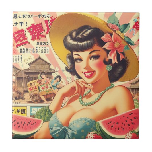 Retro Schattige Japans Meisje Tegeltje (Voorkant)