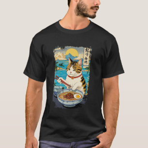 Retro Schattige Kat Eet Japanse Ramen Noedel Manne T-shirt