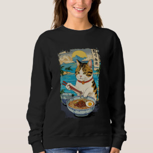 Retro Schattige Kat Eet Japanse Ramen Noedel Manne Trui