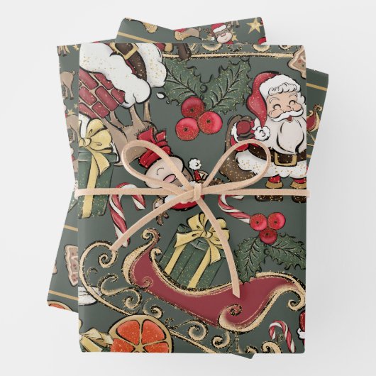  Retro Schattige Kerstgroen Inpakpapier Vel (In situ)