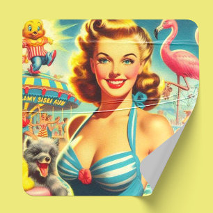 Retro Schattige Kitsch Meisje Vierkante Sticker