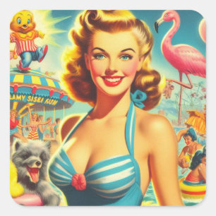 Retro Schattige Kitsch Meisje Vierkante Sticker