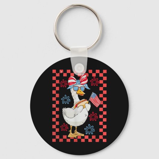 Retro Schattige Meisje 4th of July Goose Hot Dog O Sleutelhanger (Voorkant)