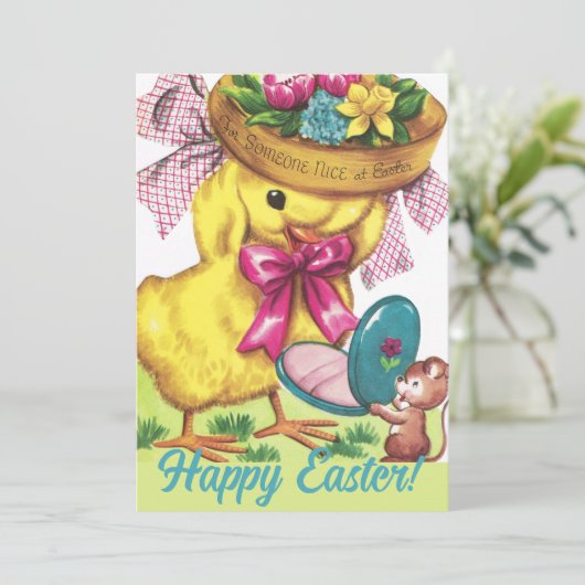 Retro Schattige Pasen Bonnet Chick Custom Feestdagenkaart (Staand voorkant)