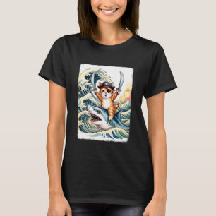 Retro Schattige Piraat Kat Rijdt Haai Grappige Jap T-shirt