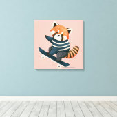 Retro Schattige Rode Panda Wasbeer Skateboarden Canvas Afdruk (Insitu (Houten vloer))