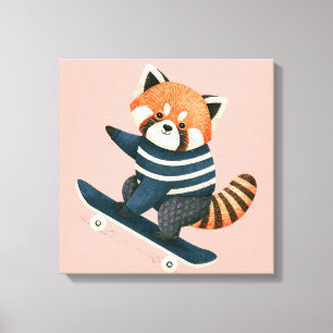 Retro Schattige Rode Panda Wasbeer Skateboarden Canvas Afdruk
