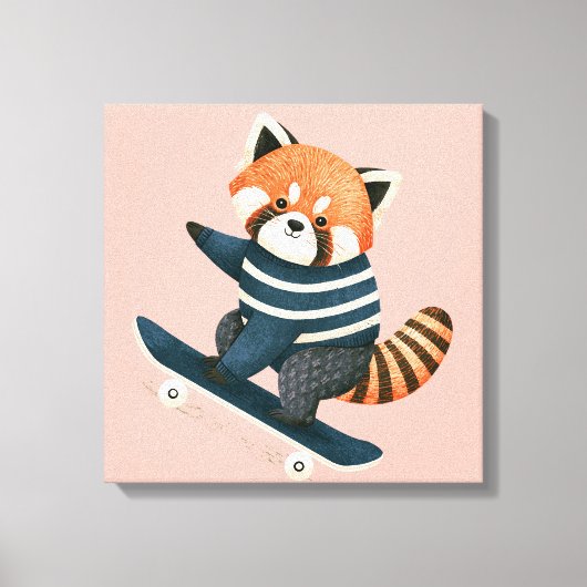 Retro Schattige Rode Panda Wasbeer Skateboarden Canvas Afdruk (Voorkant)