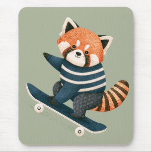 Retro Schattige Rode Panda Wasbeer Skateboarden Muismat