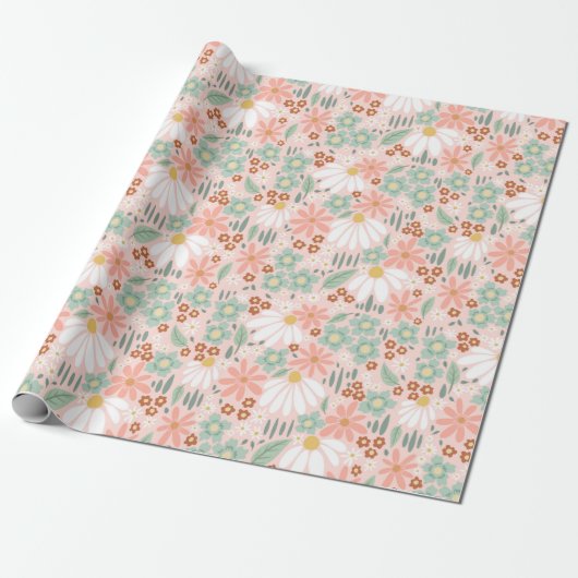 Retro Schattige Roze Wildflower Daisy Kinder Cadeaupapier (Uitgerold)
