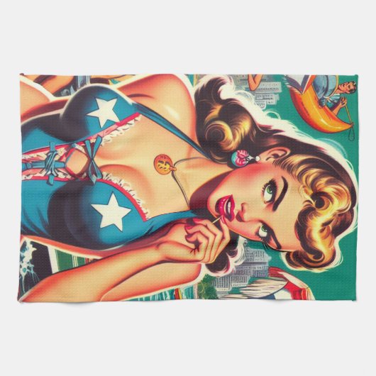 Retro Schattige Zomermeisje Theedoek (Horizontaal)