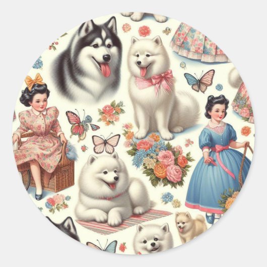 Retro Schattigee Amerikaanse Eskimo Naadloos Ronde Sticker (Voorkant)