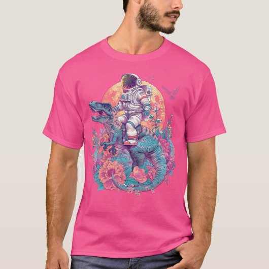 Retro Schattigee astronaut op Dino Trex Floral T-shirt (Voorkant)