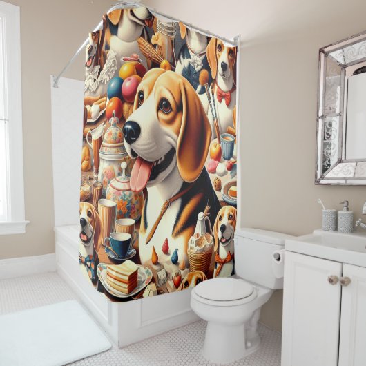 Retro Schattigee Beagle Illustratie Douchegordijn (In situ)