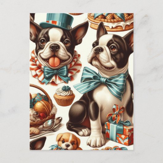 Retro Schattigee Boston Terrier Illustratie Briefkaart (Voorkant)