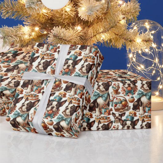 Retro Schattigee Boston Terrier Illustratie Cadeaupapier (Feestdagen)
