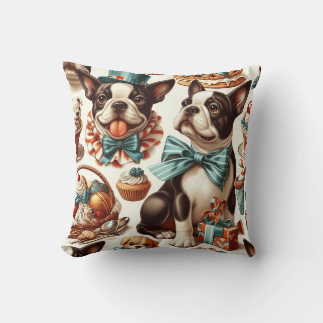 Retro Schattigee Boston Terrier Illustratie Kussen (Voorkant)
