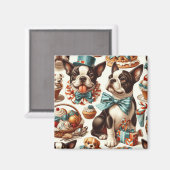 Retro Schattigee Boston Terrier Illustratie Magneet (Voorkant / Achterkant)