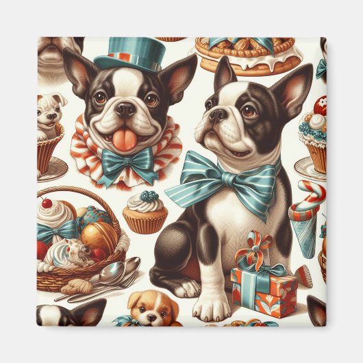 Retro Schattigee Boston Terrier Illustratie Magneet (Voorkant)