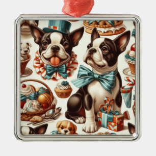 Retro Schattigee Boston Terrier Illustratie Metalen Ornament