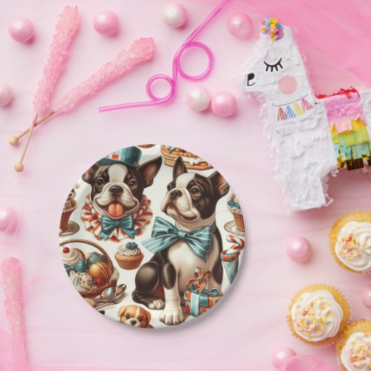Retro Schattigee Boston Terrier Illustratie Papieren Bordje (Feest)