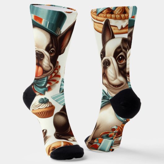 Retro Schattigee Boston Terrier Illustratie Sokken (Gebogen)