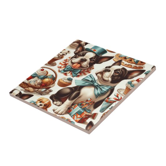 Retro Schattigee Boston Terrier Illustratie Tegeltje (Zijkant)
