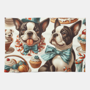 Retro Schattigee Boston Terrier Illustratie Theedoek