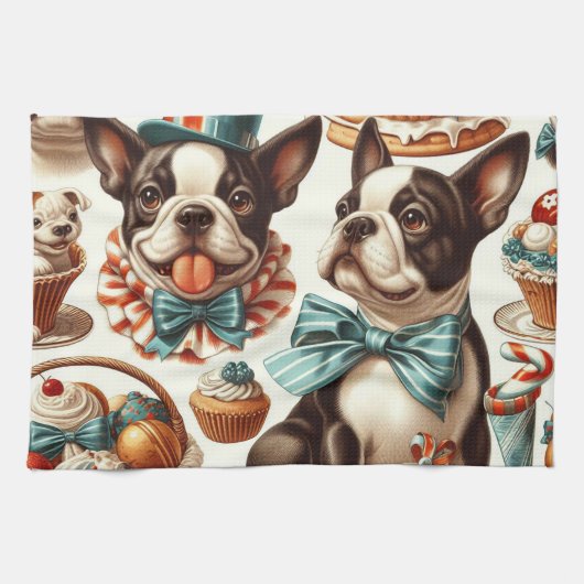 Retro Schattigee Boston Terrier Illustratie Theedoek (Horizontaal)