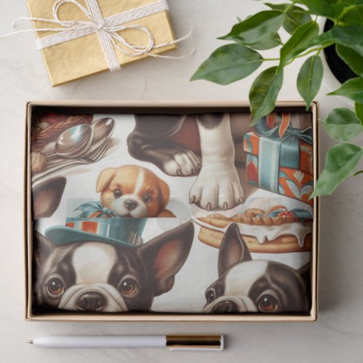 Retro Schattigee Boston Terrier Illustratie Tissuepapier (Geschenk)