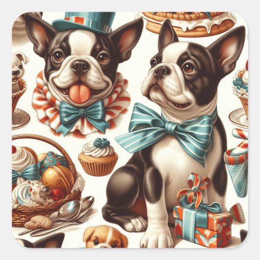 Retro Schattigee Boston Terrier Illustratie Vierkante Sticker (Voorkant)