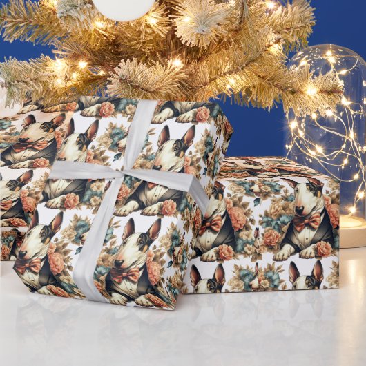 Retro Schattigee Floral Bull Terrier Cadeaupapier (Feestdagen)