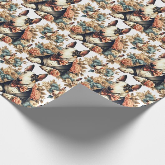 Retro Schattigee Floral Bull Terrier Cadeaupapier (Hoek)