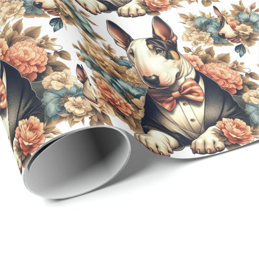 Retro Schattigee Floral Bull Terrier Cadeaupapier (Rol Hoek)