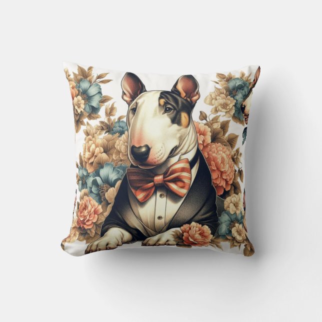 Retro Schattigee Floral Bull Terrier Kussen (Voorkant)