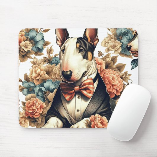 Retro Schattigee Floral Bull Terrier Muismat (Met muis)