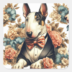 Retro Schattigee Floral Bull Terrier Vierkante Sticker