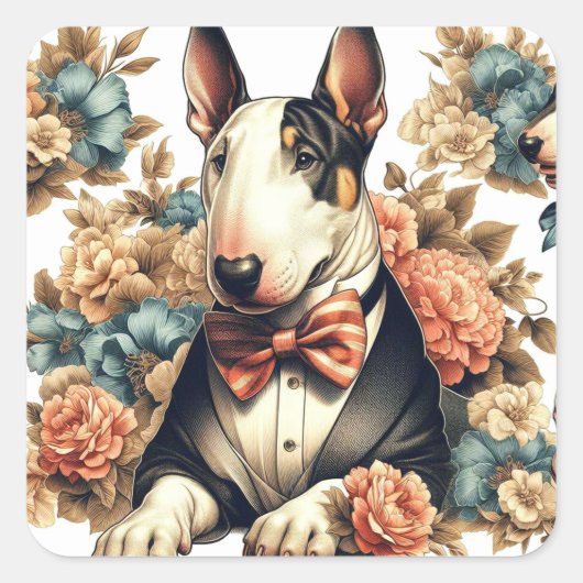 Retro Schattigee Floral Bull Terrier Vierkante Sticker (Voorkant)