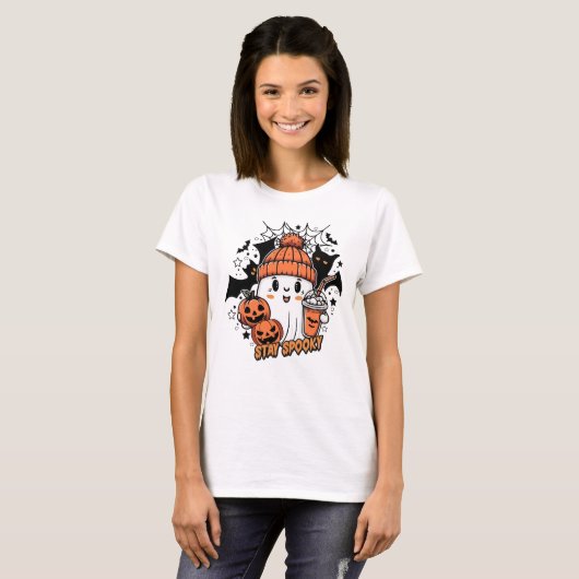 Retro Schattigee Ghost Coffee Pumpkin Spooky T-shirt (Voorkant volledig)