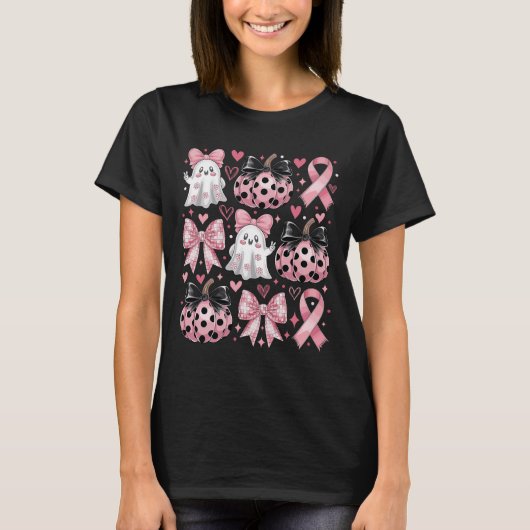 Retro Schattigee Ghost Coquette Roze Bow Borstkank T-shirt (Voorkant)