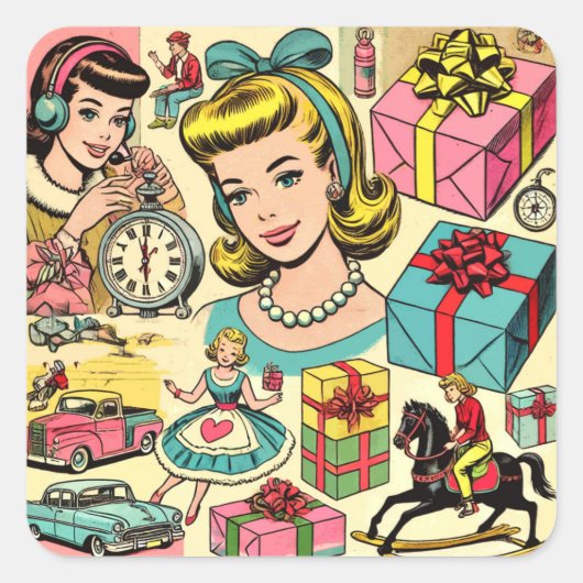 Retro Schattigee Girly Comics Vierkante Sticker (Voorkant)