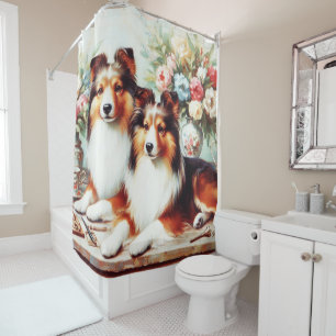 Retro Schattigee Honden Olieverfschilderij Douchegordijn