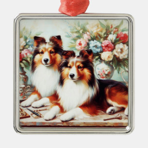 Retro Schattigee Honden Olieverfschilderij Metalen Ornament