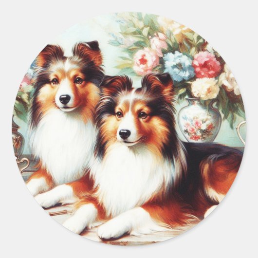 Retro Schattigee Honden Olieverfschilderij Ronde Sticker (Voorkant)