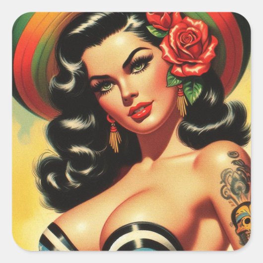 Retro Schattigee Hot Pinup Vierkante Sticker (Voorkant)