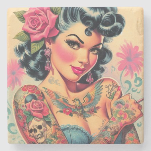 Retro Schattigee Tattooed Pin-up Stenen Onderzetter (Voorkant)