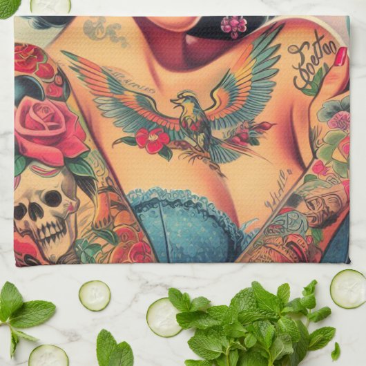 Retro Schattigee Tattooed Pin-up Theedoek (Gevouwen)