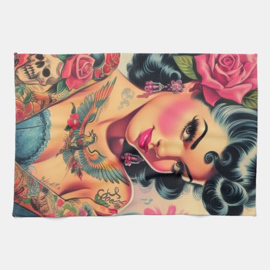 Retro Schattigee Tattooed Pin-up Theedoek (Horizontaal)